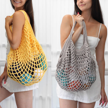 May include: Two crocheted tote bags, one yellow and one gray, with colorful yarn balls inside. The bags have a mesh design and are perfect for carrying groceries or other items.