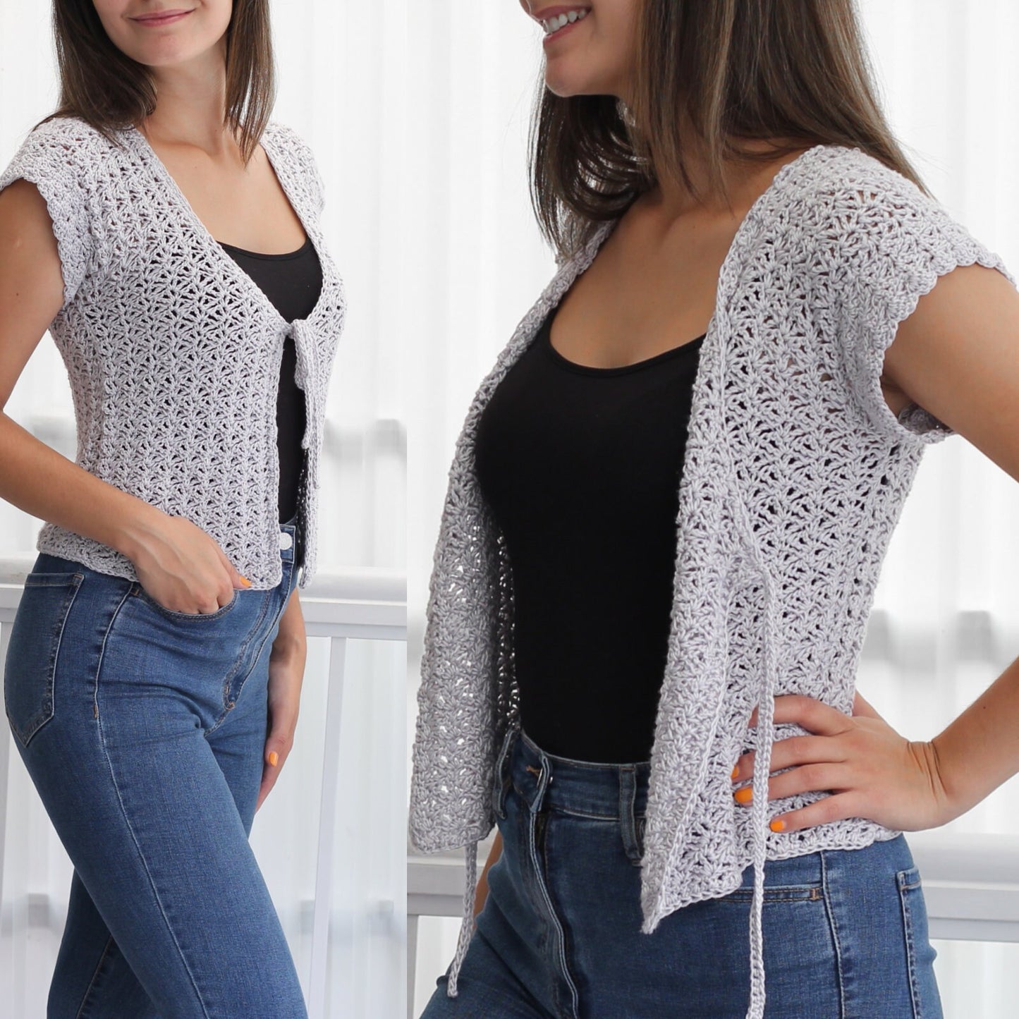 May include: A light gray crochet cardigan with a tie front and short sleeves. The cardigan is worn over a black tank top and blue jeans.
