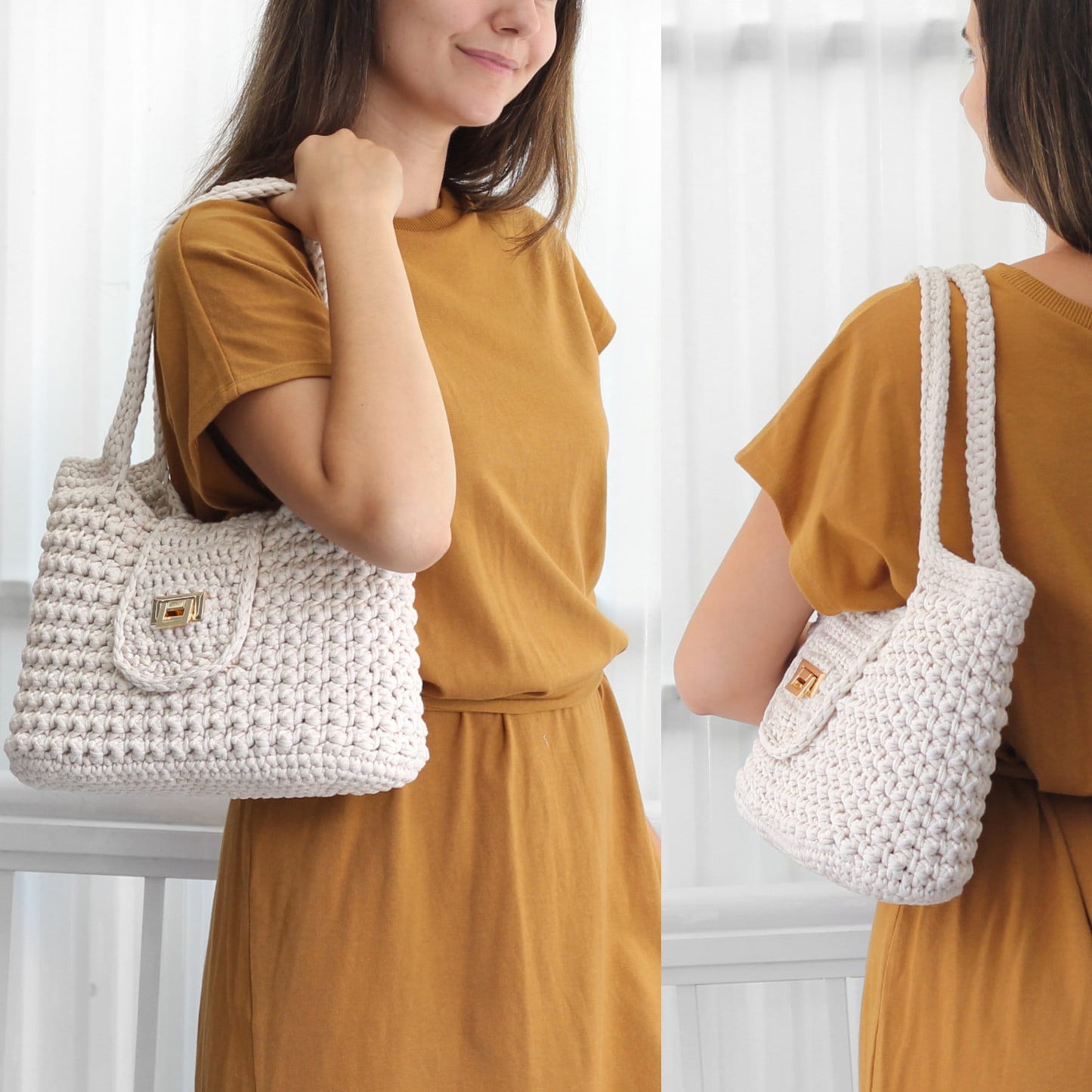 May include: A white crocheted tote bag with a gold clasp. The bag is being held by a person wearing a mustard yellow dress.