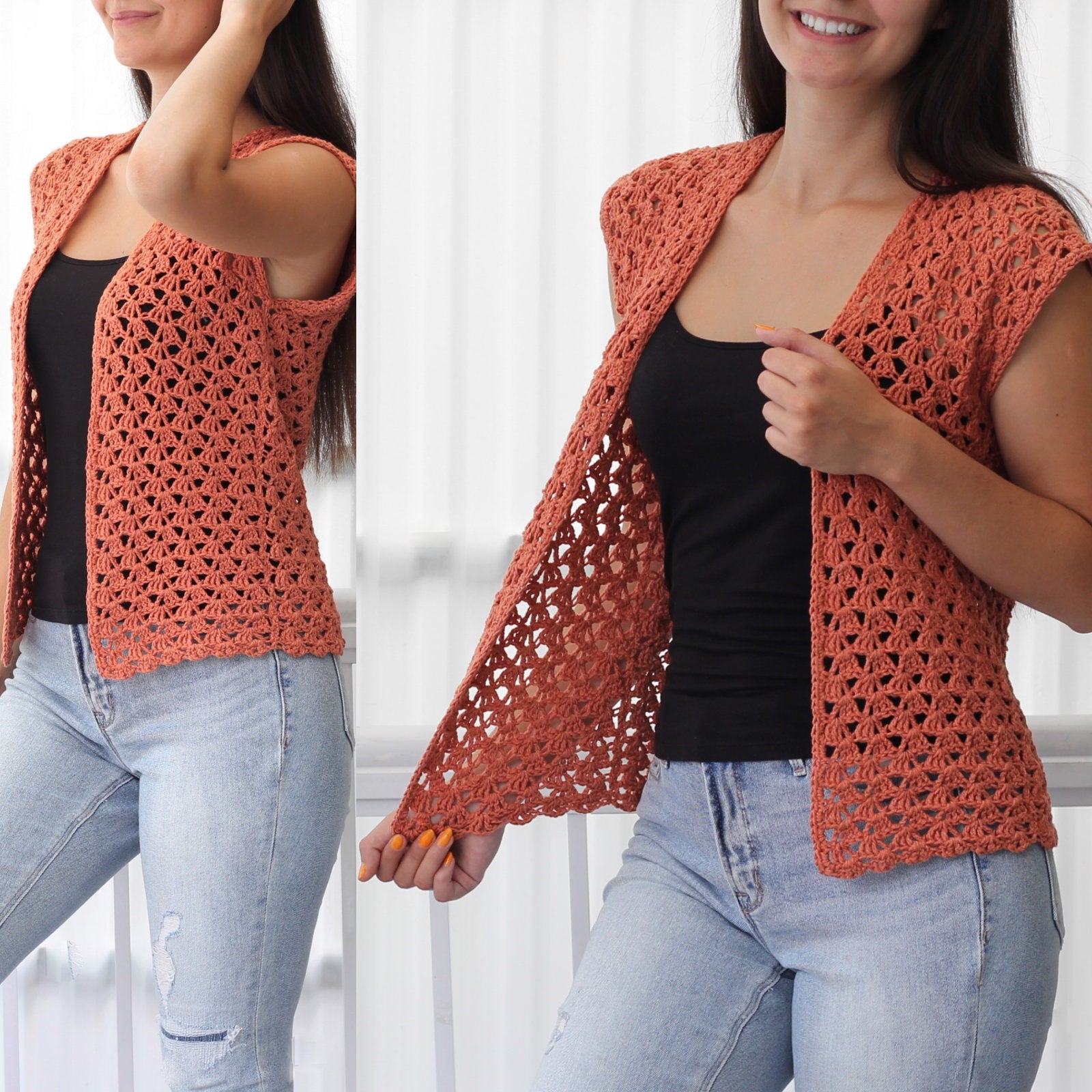 May include: A crocheted sleeveless vest in a terracotta color. The vest has a delicate openwork pattern and a V-neckline.