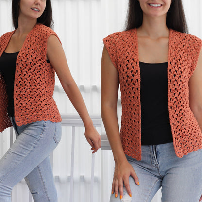 May include: A crocheted sleeveless vest in a coral color with a loose, open-stitch pattern. The vest is shown being worn over a black tank top and blue jeans.