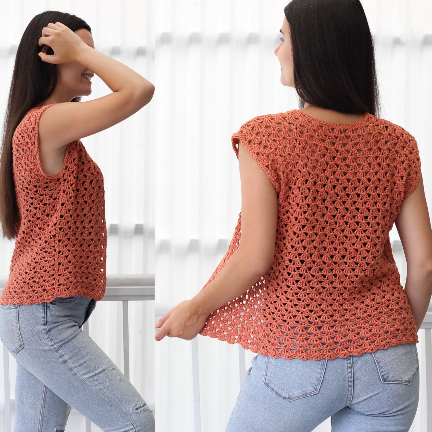 May include: A crocheted top with a sleeveless design and a delicate openwork pattern. The top is a light coral color and has a slightly cropped fit.