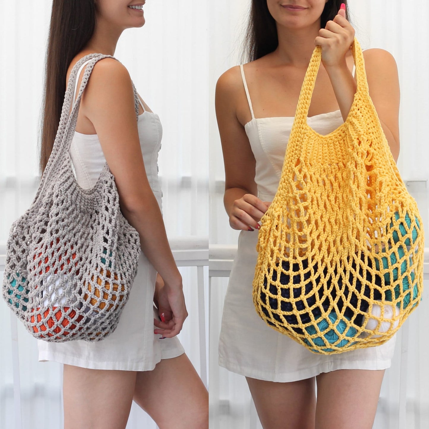 May include: Two women are holding crocheted tote bags. One bag is gray with orange, red, and white accents. The other bag is yellow with blue and green accents.