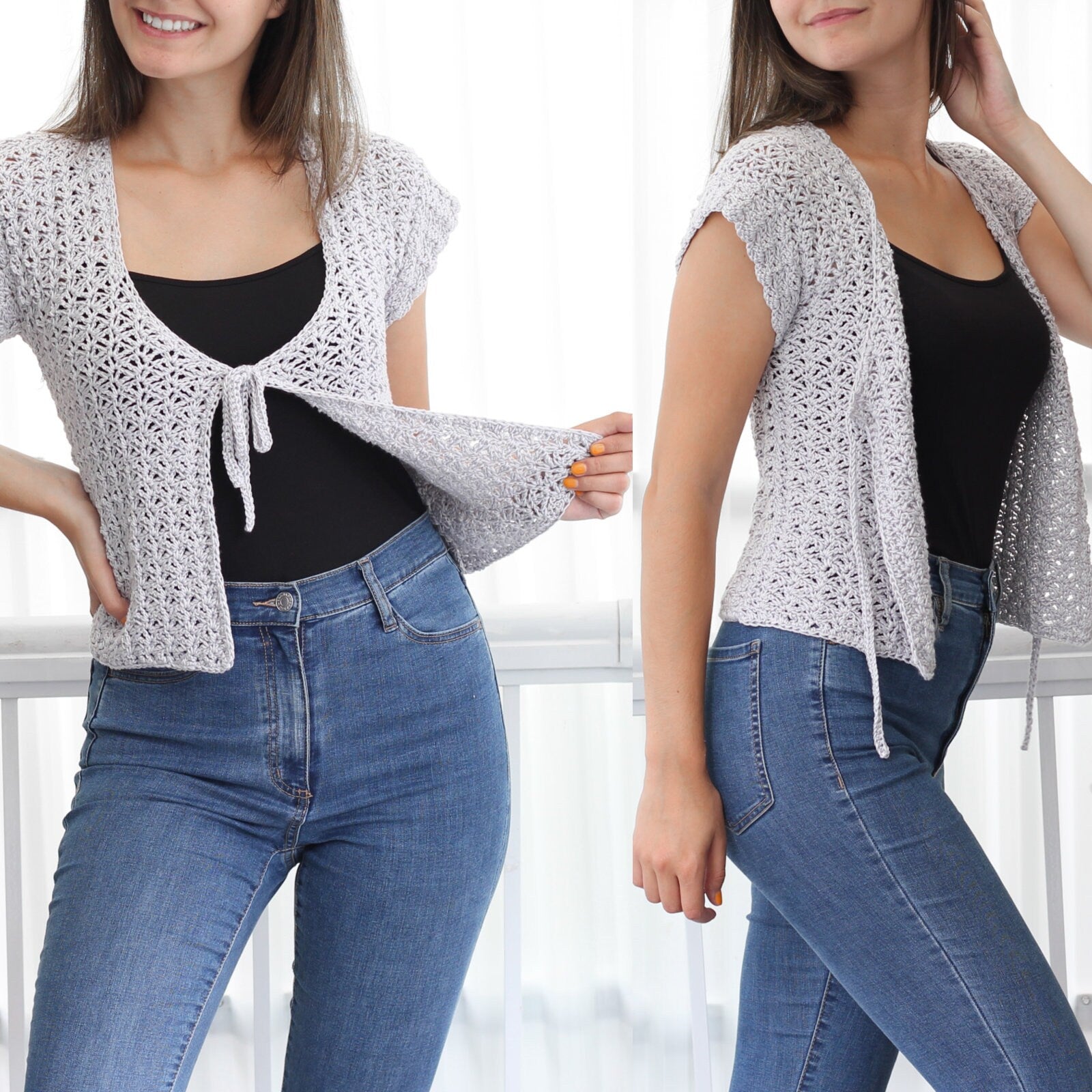 May include: A gray crochet cardigan with a tie front and short sleeves. The cardigan is worn over a black tank top and blue jeans.