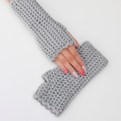 May include: A pair of gray fingerless gloves made of crocheted yarn. The gloves have a scalloped edge and are shown folded in half.