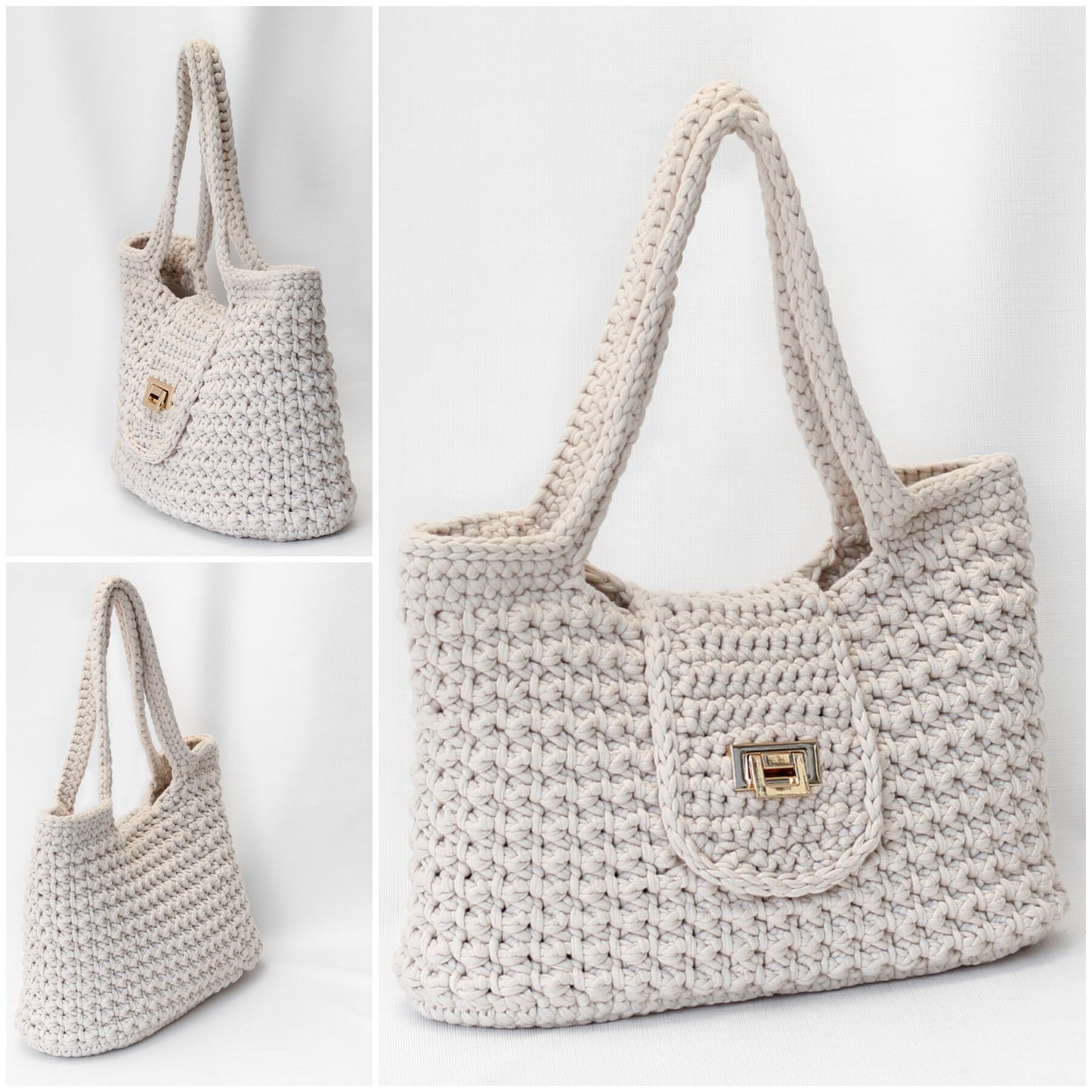 May include: A cream-colored crocheted tote bag with a flap closure and a gold clasp. The bag has two long straps.