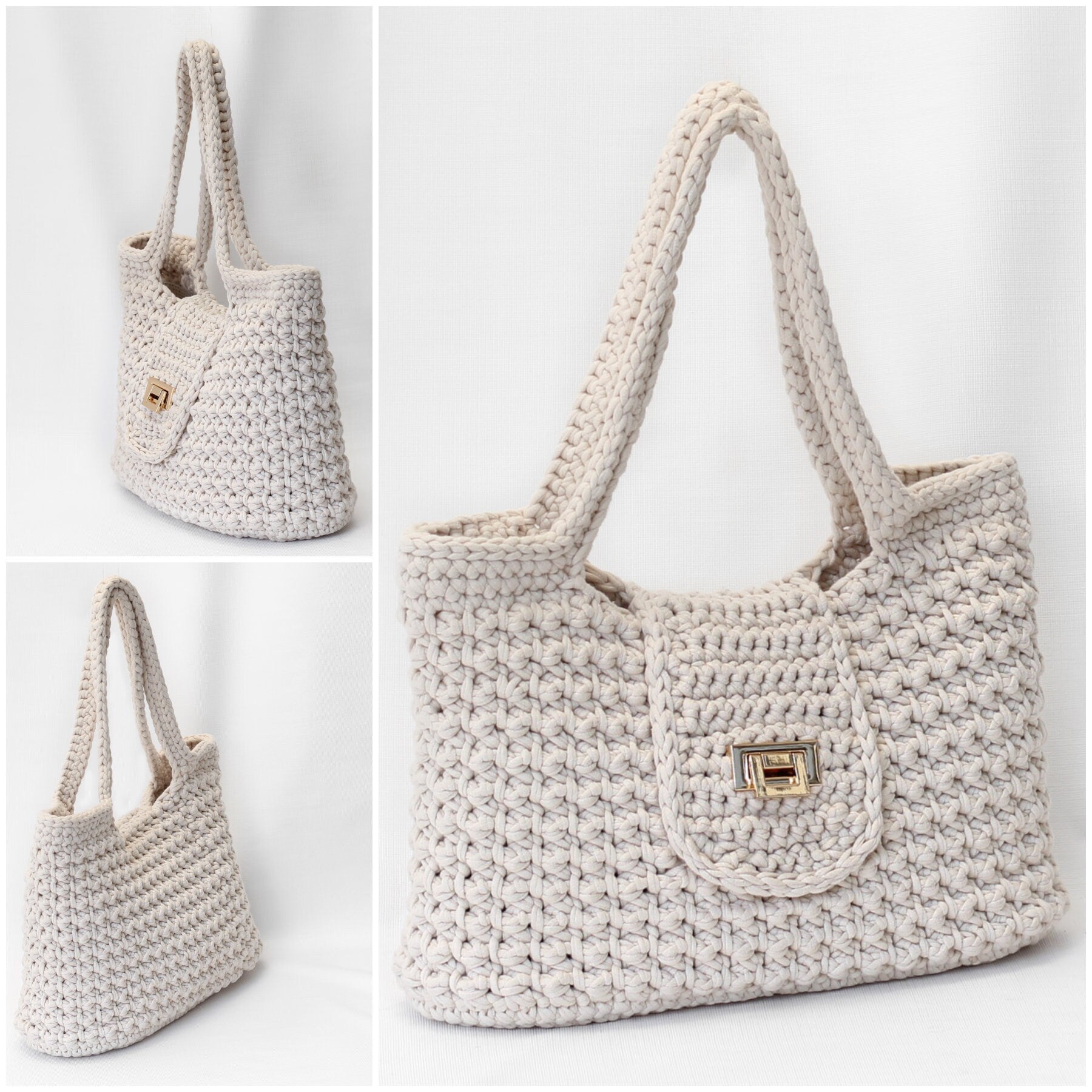 May include: A cream-colored crocheted tote bag with a flap closure and a gold clasp. The bag has two long straps.