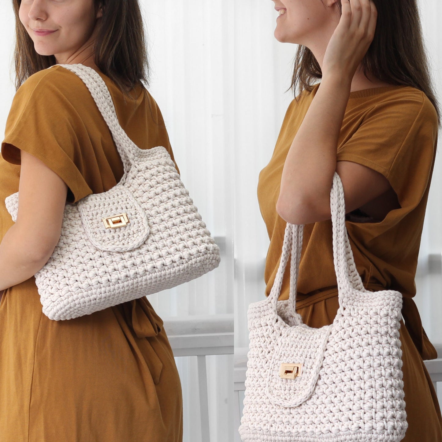 May include: Two white crocheted handbags with a gold clasp closure. The bags have a textured, woven design.