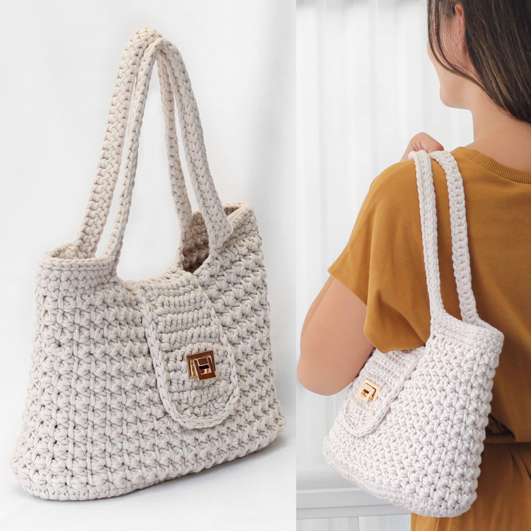 May include: A white crocheted tote bag with a gold clasp. The bag has a textured, woven design and is shown on a white background.