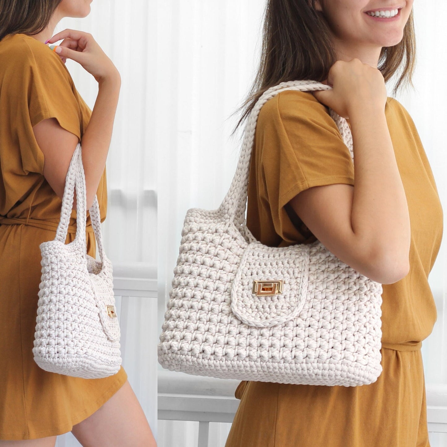 May include: A white crocheted tote bag with a gold clasp. The bag has a textured, woven design and is being held by a person wearing a mustard yellow dress.