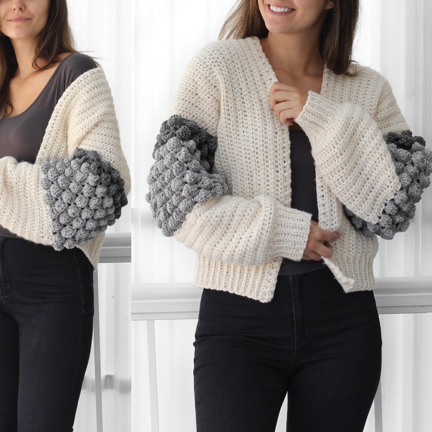 May include: A white crocheted cardigan with grey bobble stitch detailing on the sleeves. The cardigan has a V-neck and is cropped.
