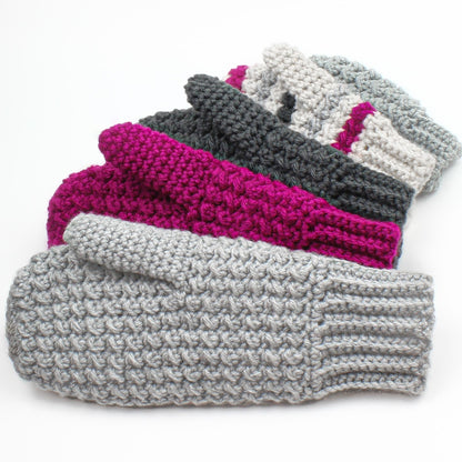 May include: A stack of five crocheted fingerless gloves in various colors, including gray, pink, and dark gray.