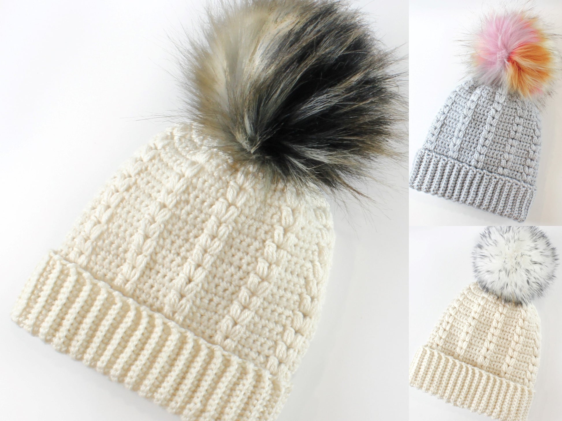 May include: Three crocheted winter hats with faux fur pom poms. The hats are in cream, gray, and white. The pom poms are black, pink and orange, and white.
