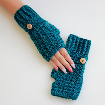 May include: A pair of teal blue crocheted fingerless gloves with wooden button closures.