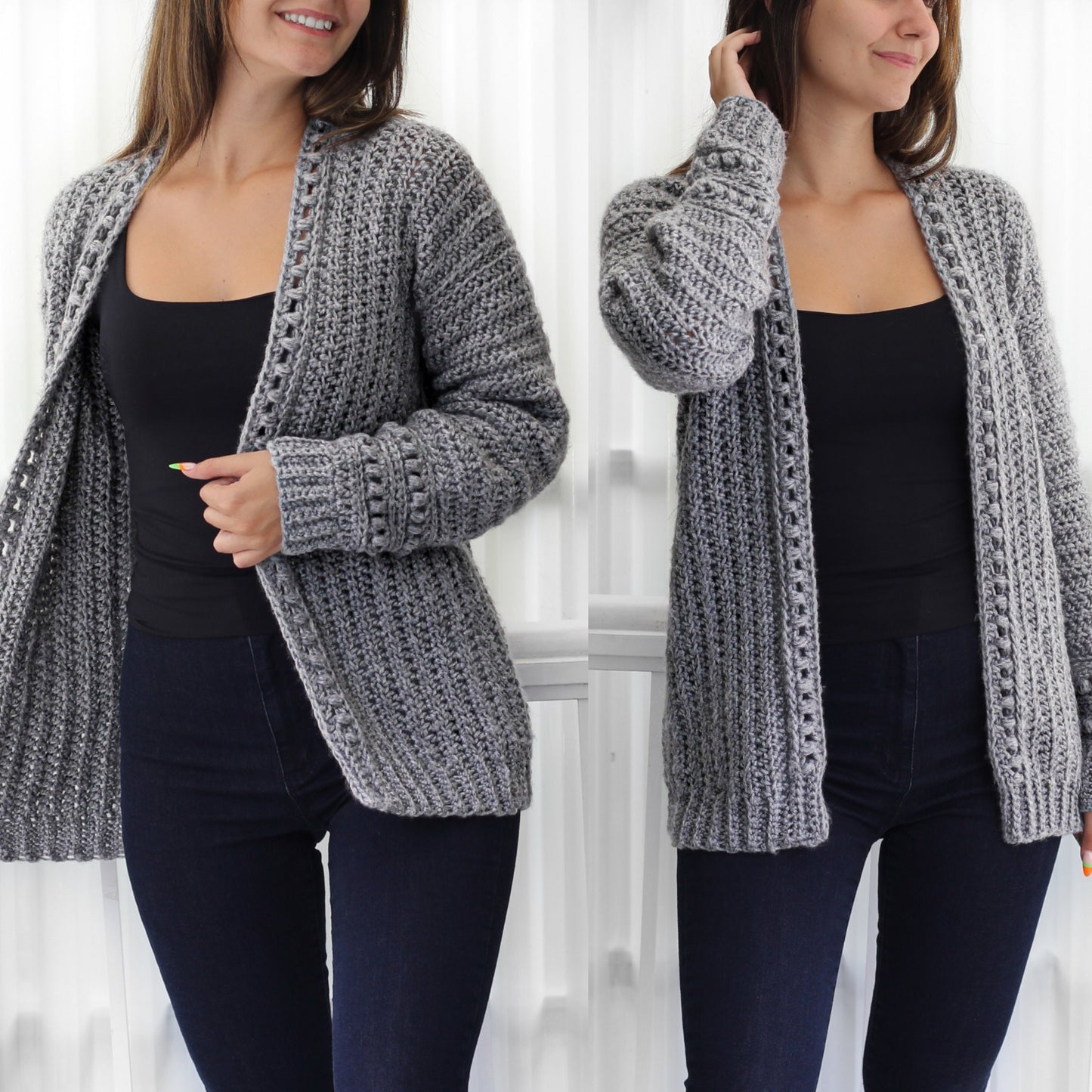 May include: A gray crocheted cardigan with a V-neck and long sleeves. The cardigan is open in the front and has a loose fit.