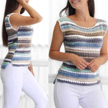 May include: A striped crochet top with a scoop neck and sleeveless design. The top is made with a variety of blue, green, brown, and white yarn.