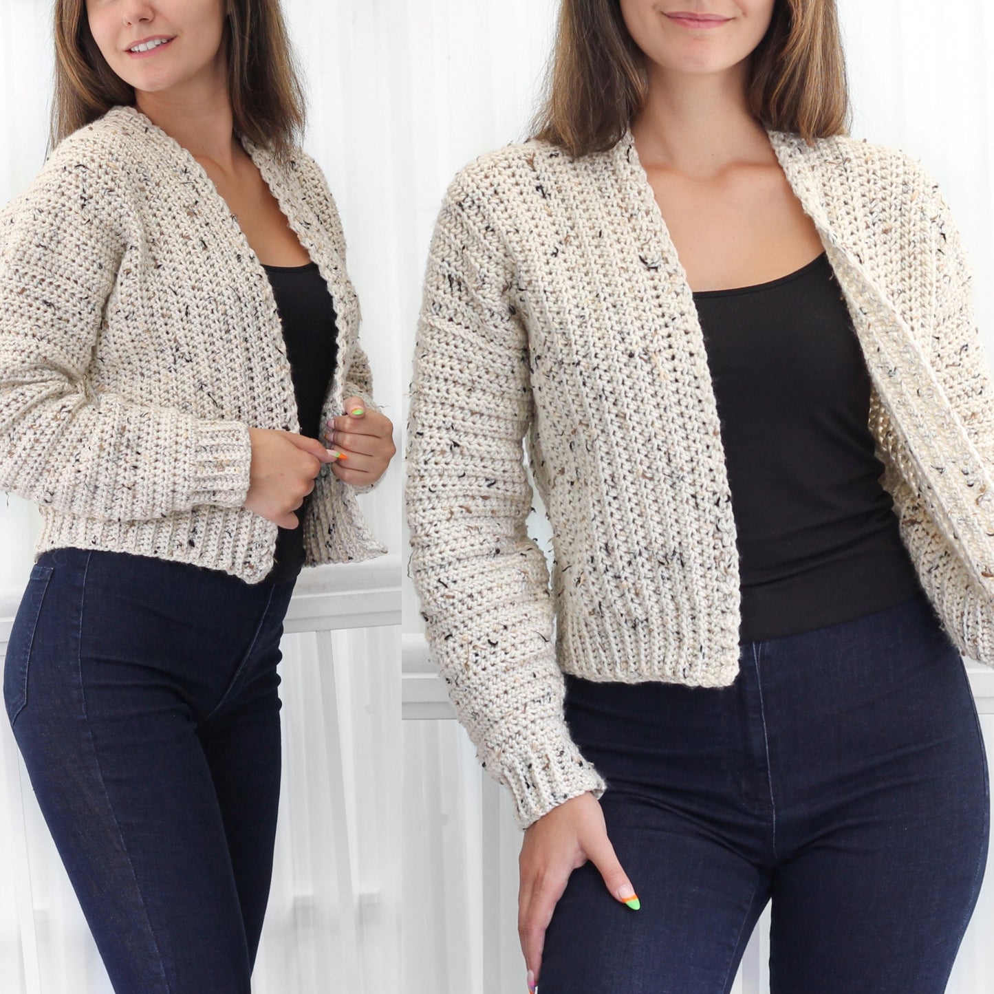 May include: A white crocheted cardigan with a speckled pattern. The cardigan has a V-neck and long sleeves. The model is wearing the cardigan with a black tank top and blue jeans.