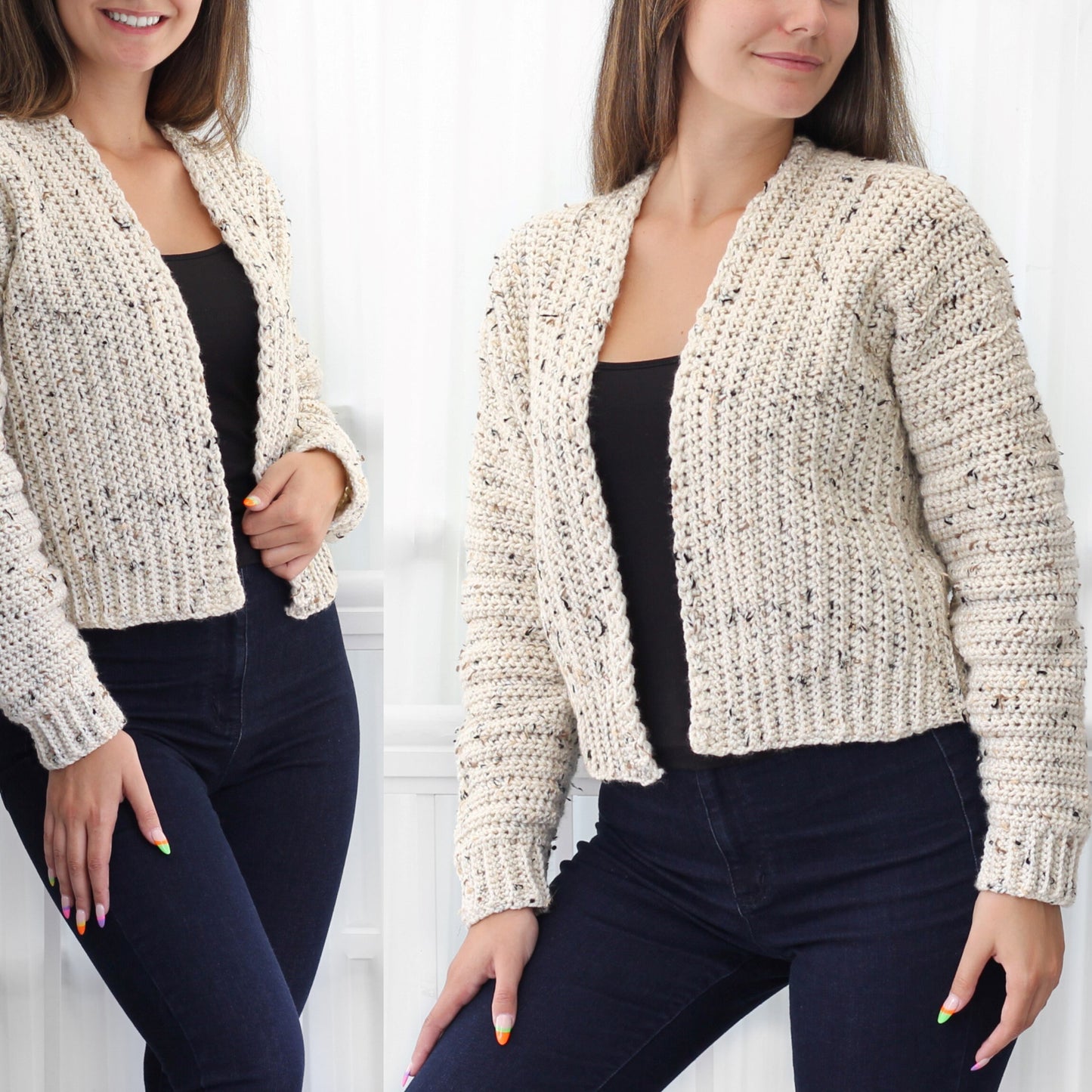 May include: A cream-colored crocheted cardigan with a speckled pattern. The cardigan has a V-neck and long sleeves. It is open in the front and is being worn over a black tank top and dark blue jeans.