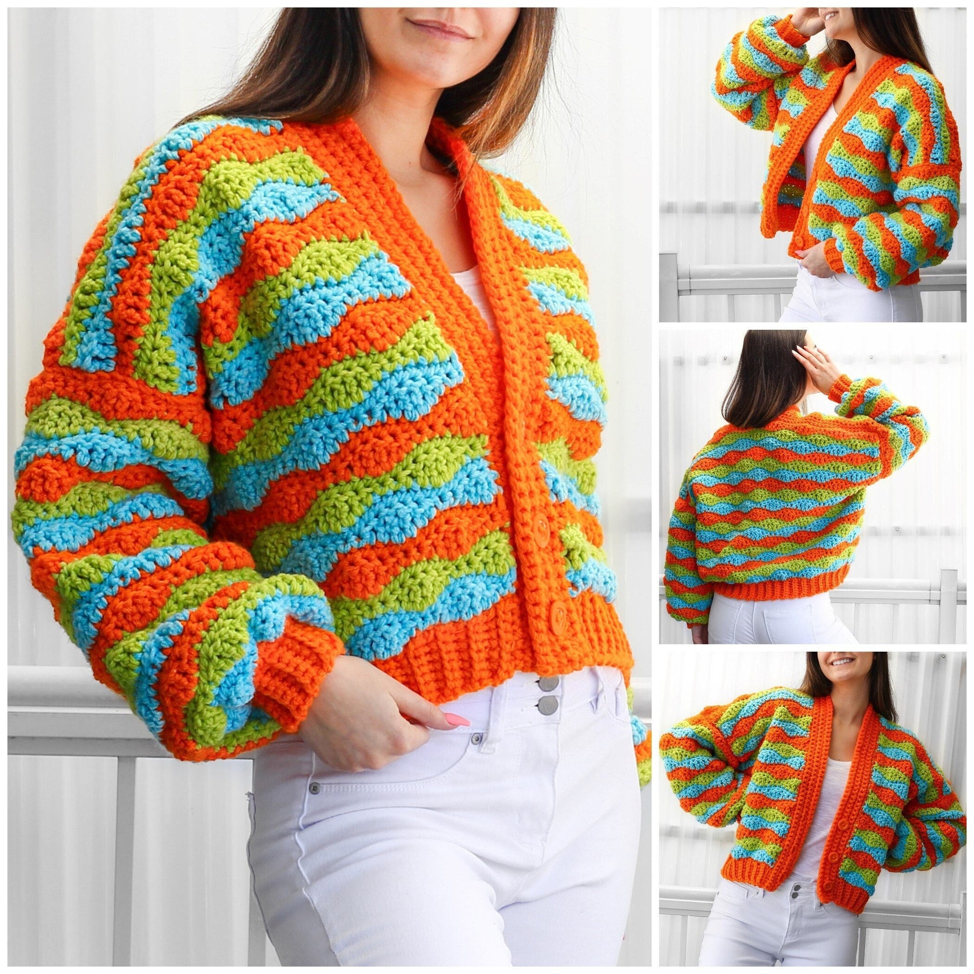 May include: A crocheted cardigan with a wavy pattern in orange, green, and blue colors. The cardigan has a V-neck and button closure.