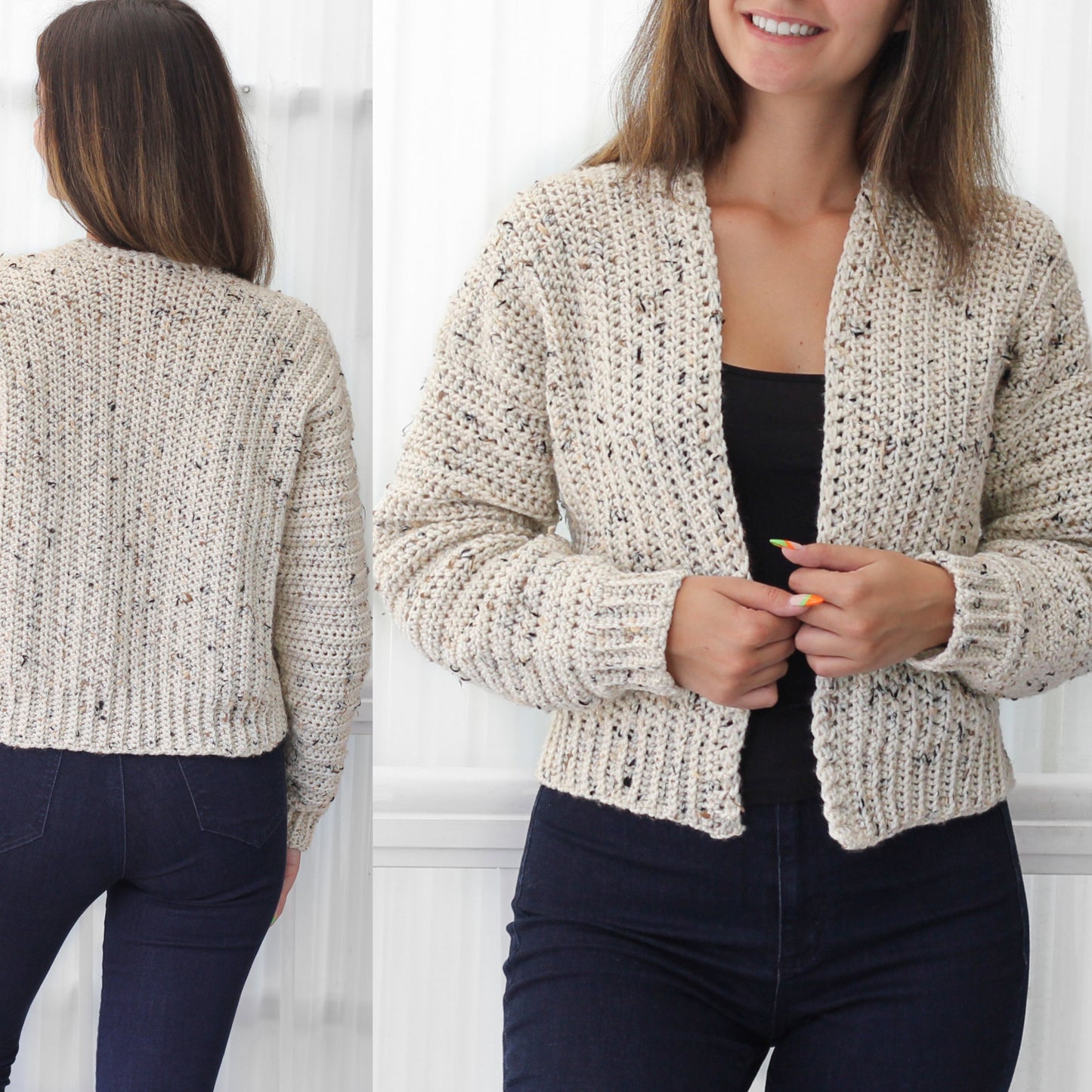 May include: A cream-colored crocheted cardigan with a speckled pattern. The cardigan has a long sleeve and a V-neck.