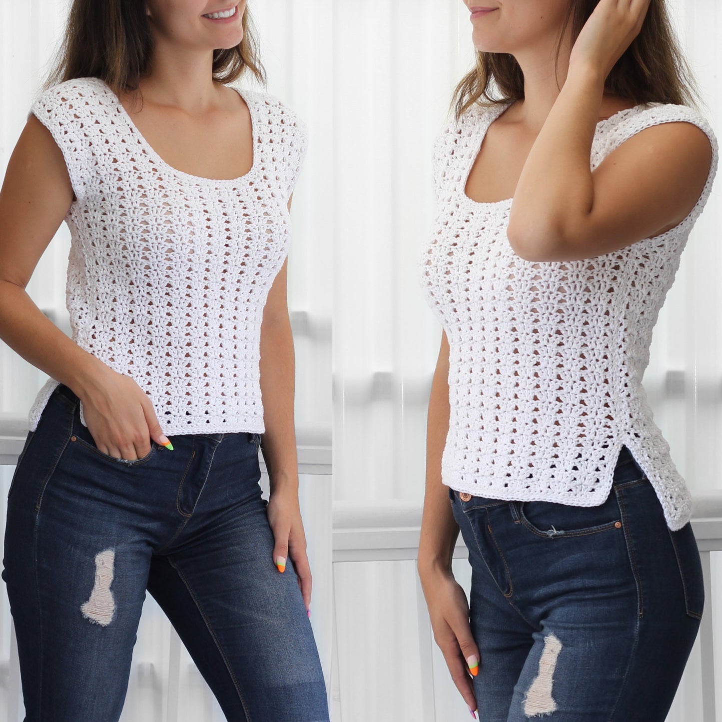 May include: A white crochet top with a scoop neck and short sleeves. The top has a loose fit and a slightly cropped length. The model is wearing the top with blue jeans.
