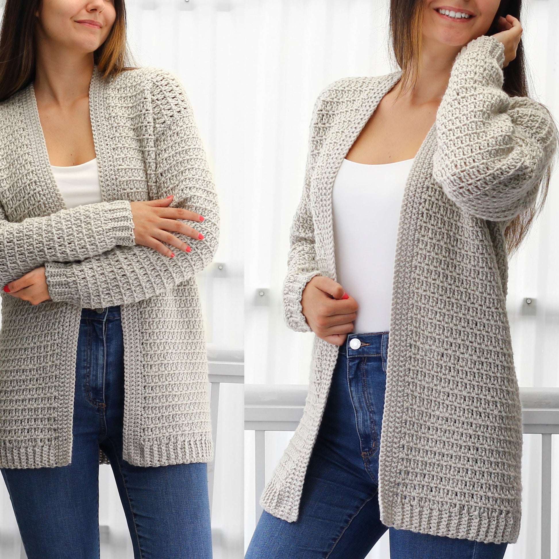 May include: A light gray crocheted cardigan with a long, open front and long sleeves. The cardigan is shown being worn by a person.