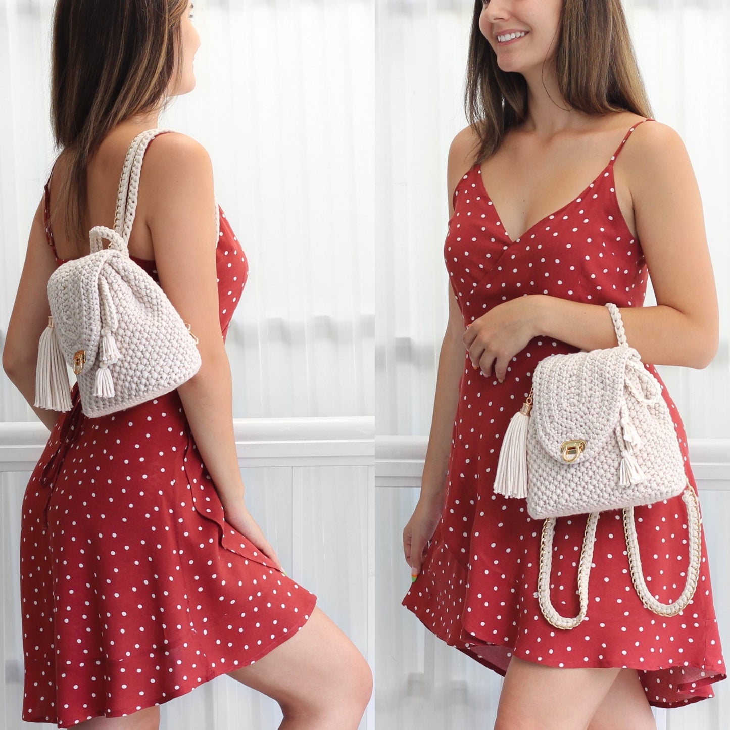 May include: Two women wearing red polka dot dresses with white crocheted backpacks. The backpacks have a tassel detail and a gold clasp.