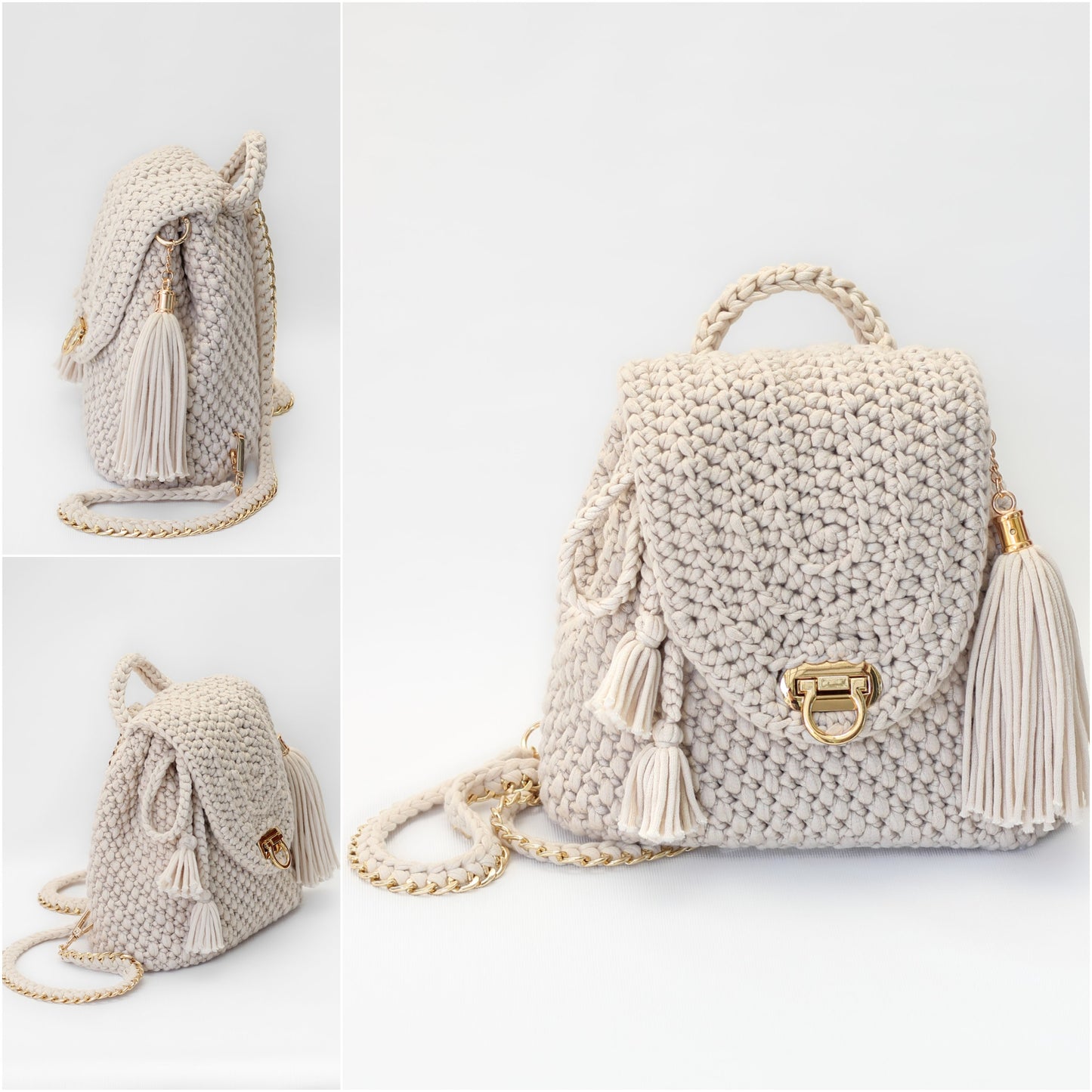 May include: A cream-colored crocheted backpack with a gold chain strap and tassel accents. The backpack has a flap closure with a gold buckle.