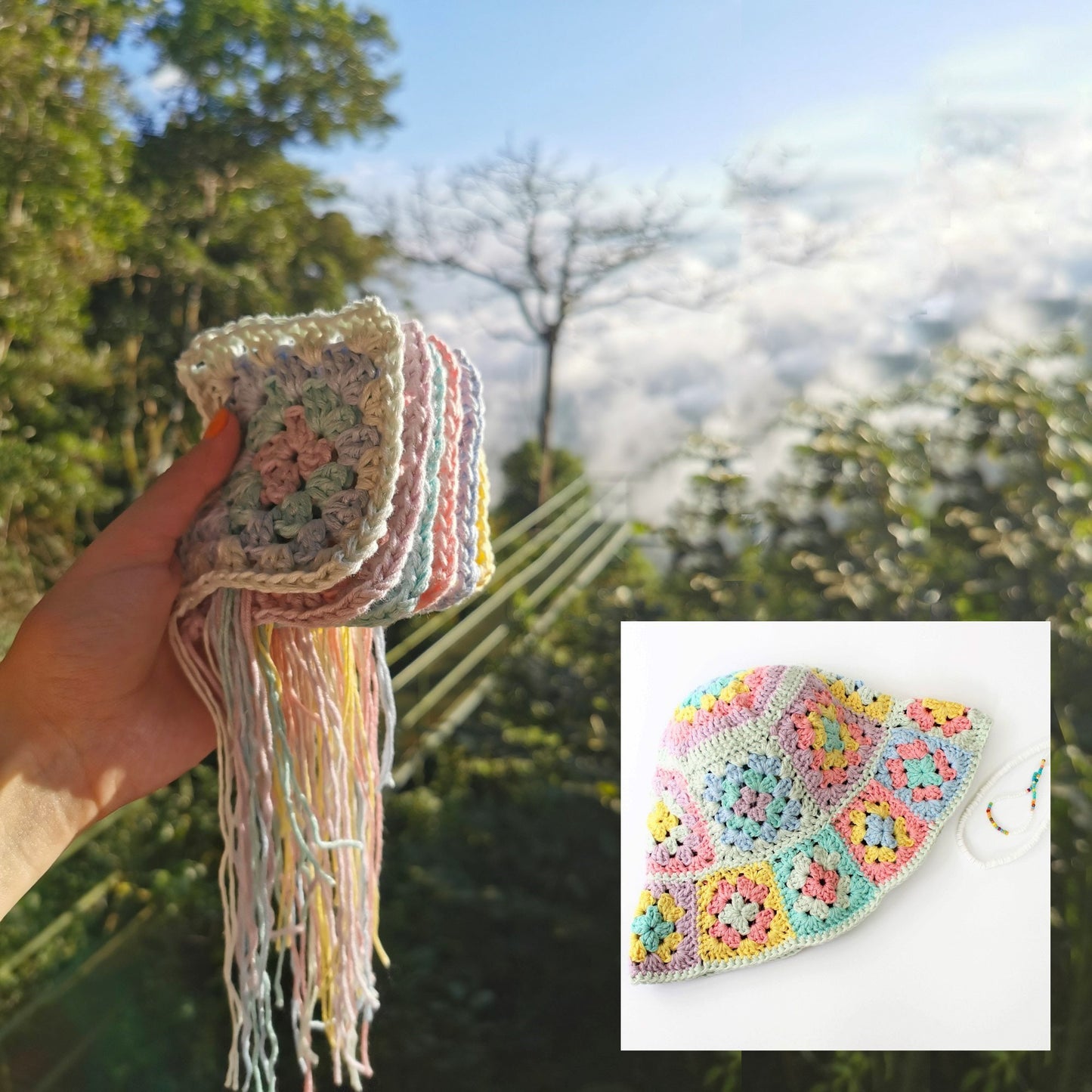 May include: A set of colorful crochet granny squares with fringe, and a crocheted hat made from similar squares.