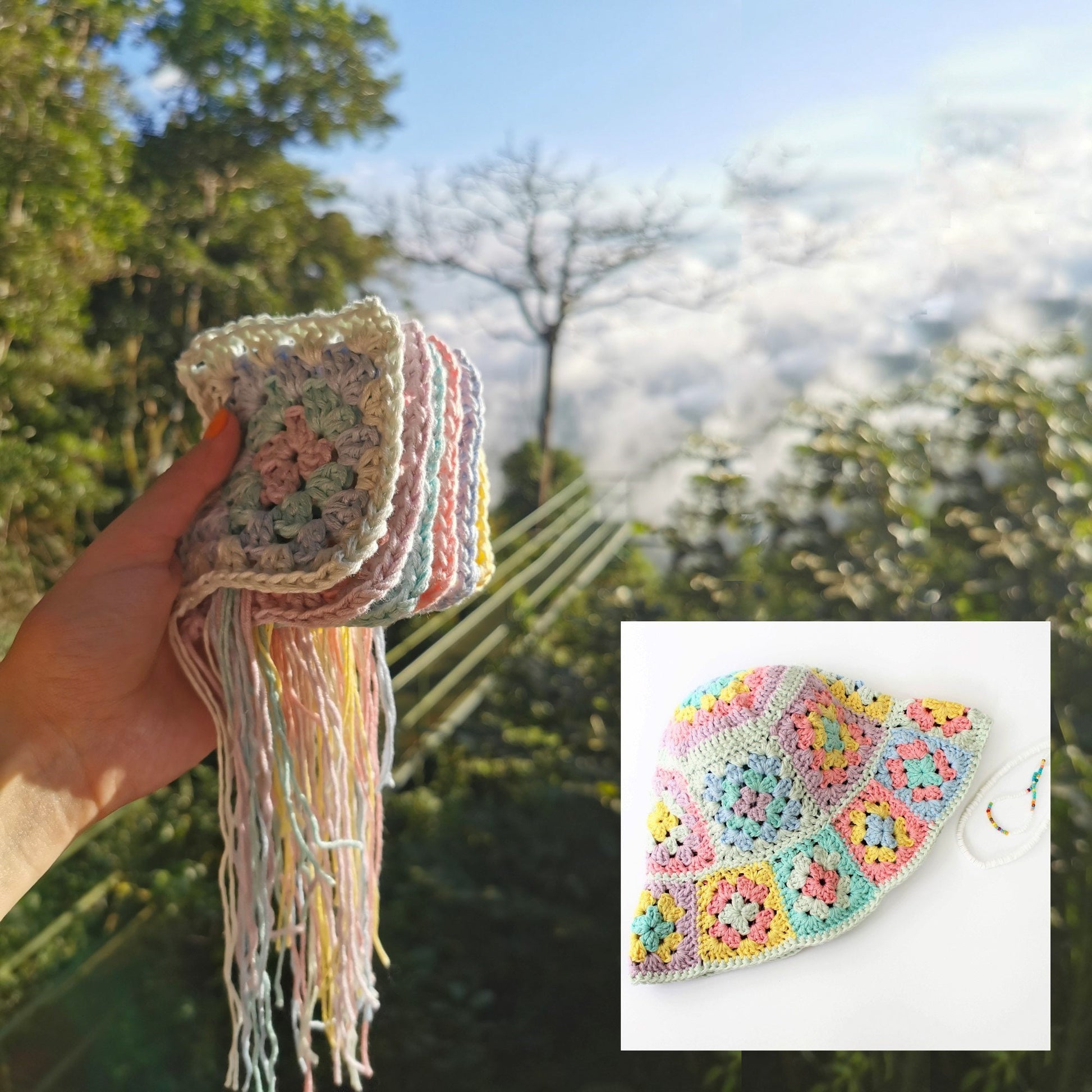 May include: A set of colorful crochet granny squares with fringe, and a crocheted hat made from similar squares.