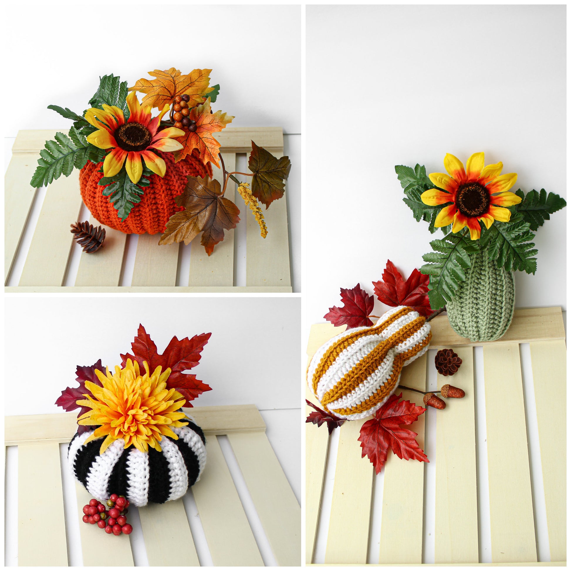 May include: Three crocheted pumpkins with fall-themed decorations. The pumpkins are orange, white and black striped, and green. The decorations include sunflowers, fall leaves, and berries.