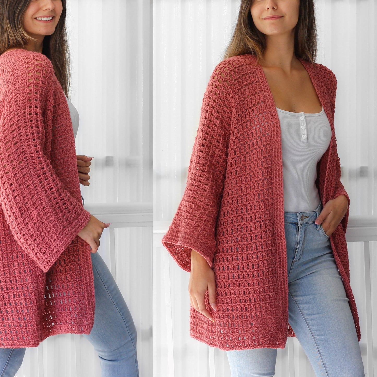 May include: A pink crochet cardigan with a loose fit and open front. The cardigan has a delicate stitch pattern and long sleeves.