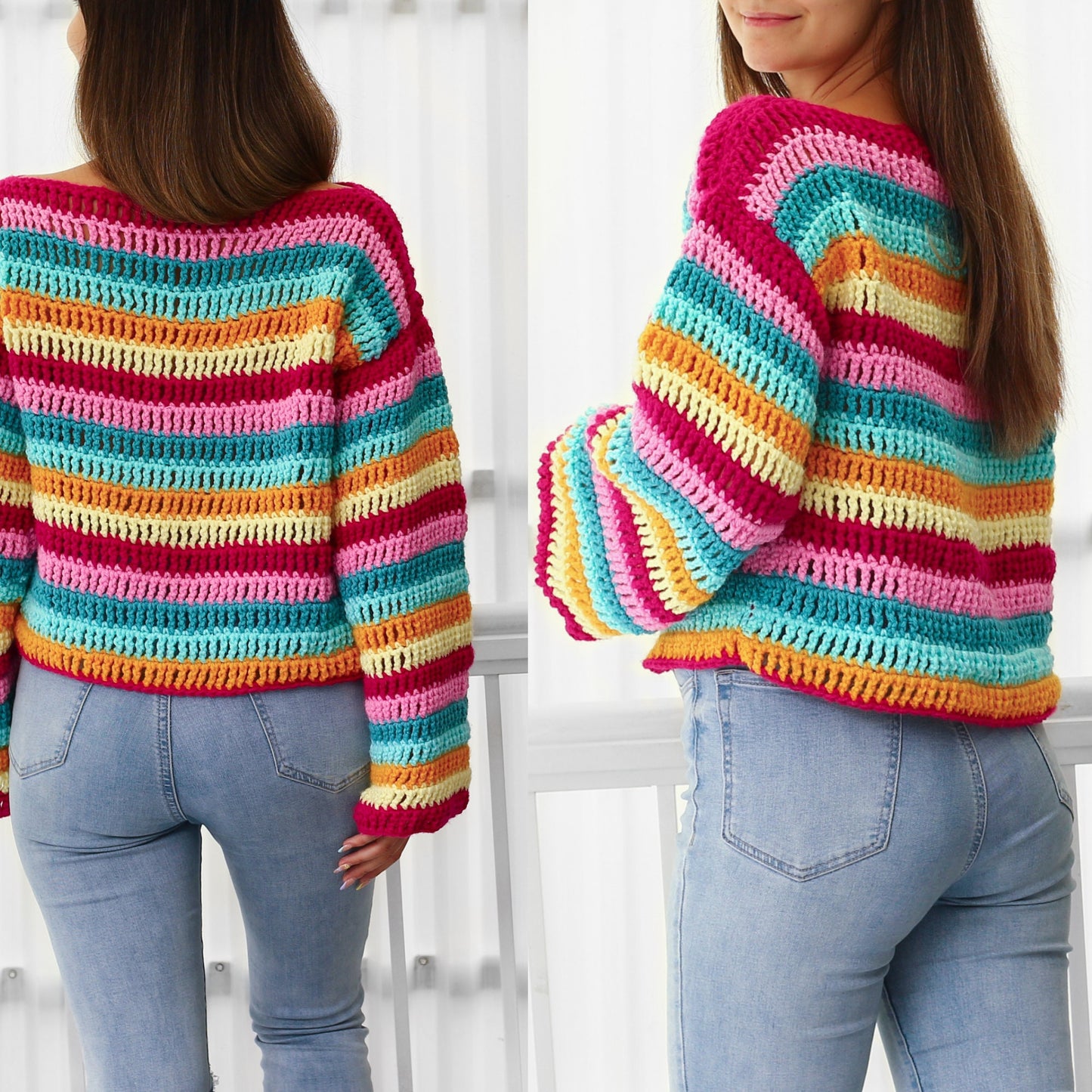 May include: A rainbow striped crochet sweater with long sleeves. The sweater is a cropped style and is made with a variety of colors, including pink, yellow, orange, blue, and green.