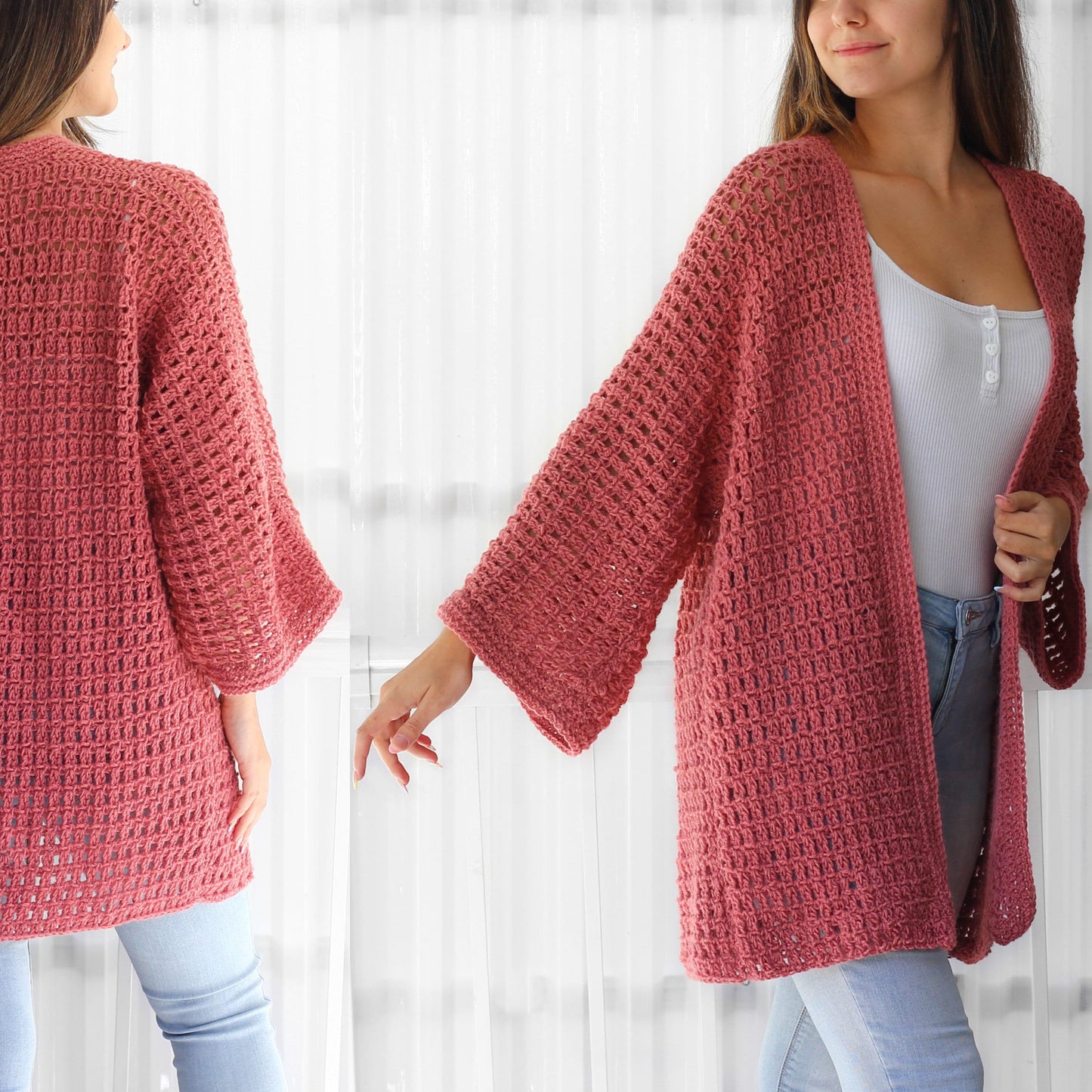 May include: A pink crocheted cardigan with a loose fit and long sleeves. The cardigan is open in the front and has a simple, elegant design.