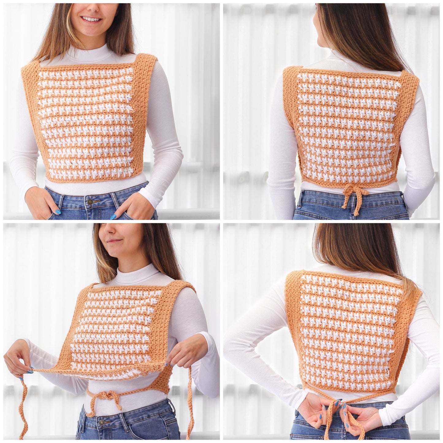 May include: A crocheted crop top with a gingham pattern in peach and white. The top has a square neckline and ties at the back.
