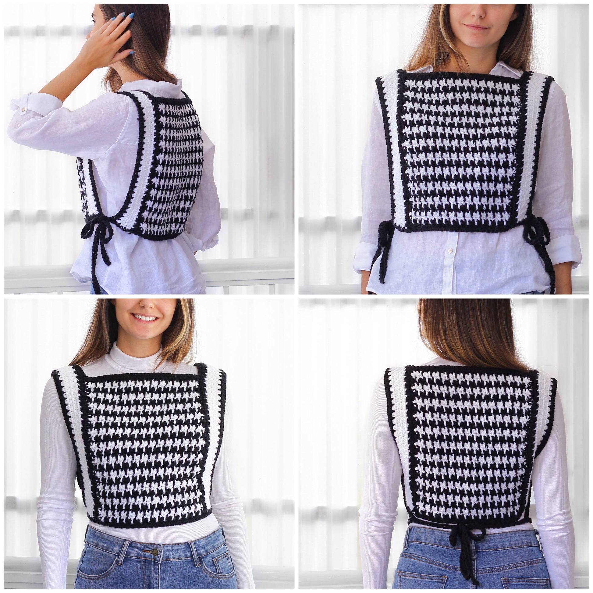 May include: A black and white crocheted vest with a houndstooth pattern. The vest has a square shape and ties at the back.