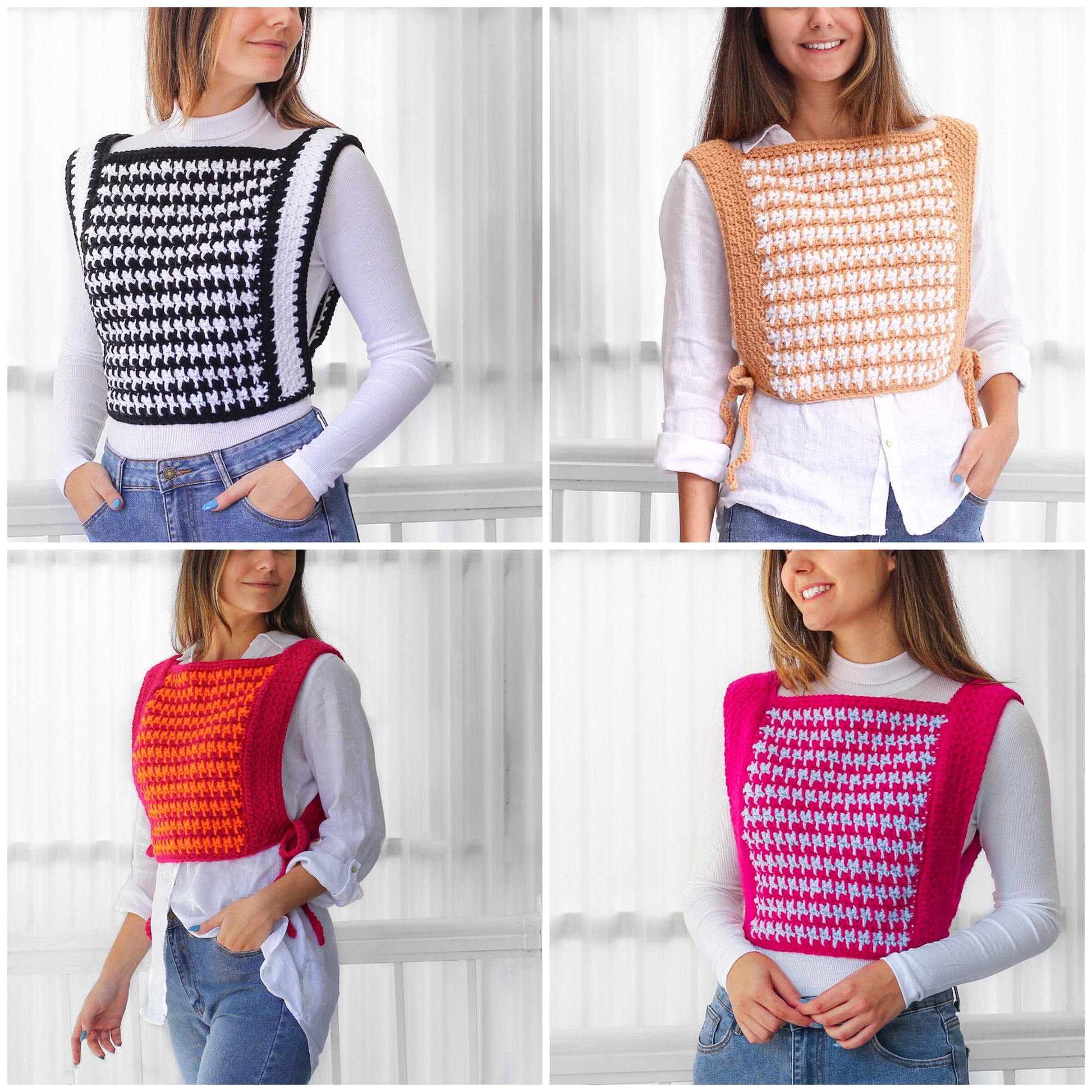 May include: Four different crochet tops in black and white, peach and white, pink and white, and blue and white. Each top has a houndstooth pattern and is cropped.