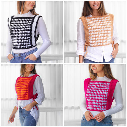 May include: Four different crochet tops in black and white, peach and white, pink and white, and blue and white. Each top has a houndstooth pattern and is cropped.