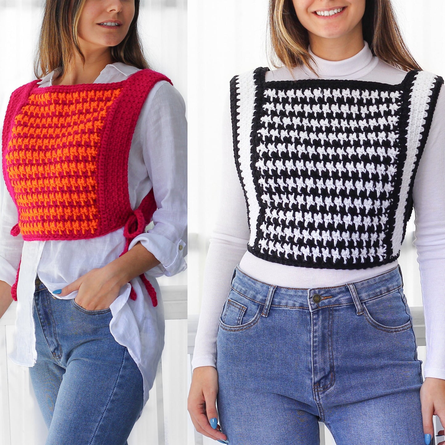 May include: Two women wearing crocheted tops. One top is pink and orange, the other is black and white. Both tops are worn over white shirts and blue jeans.
