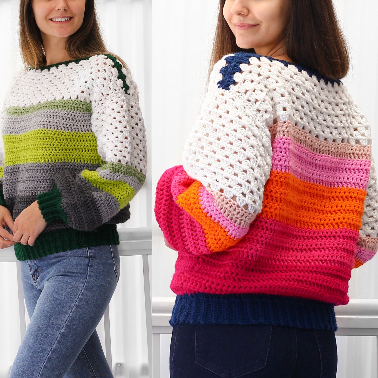 May include: A colorful striped crochet sweater with a white crocheted bodice. The sweater has a wide, boat neck and long sleeves. The stripes are in shades of pink, orange, green, and blue.