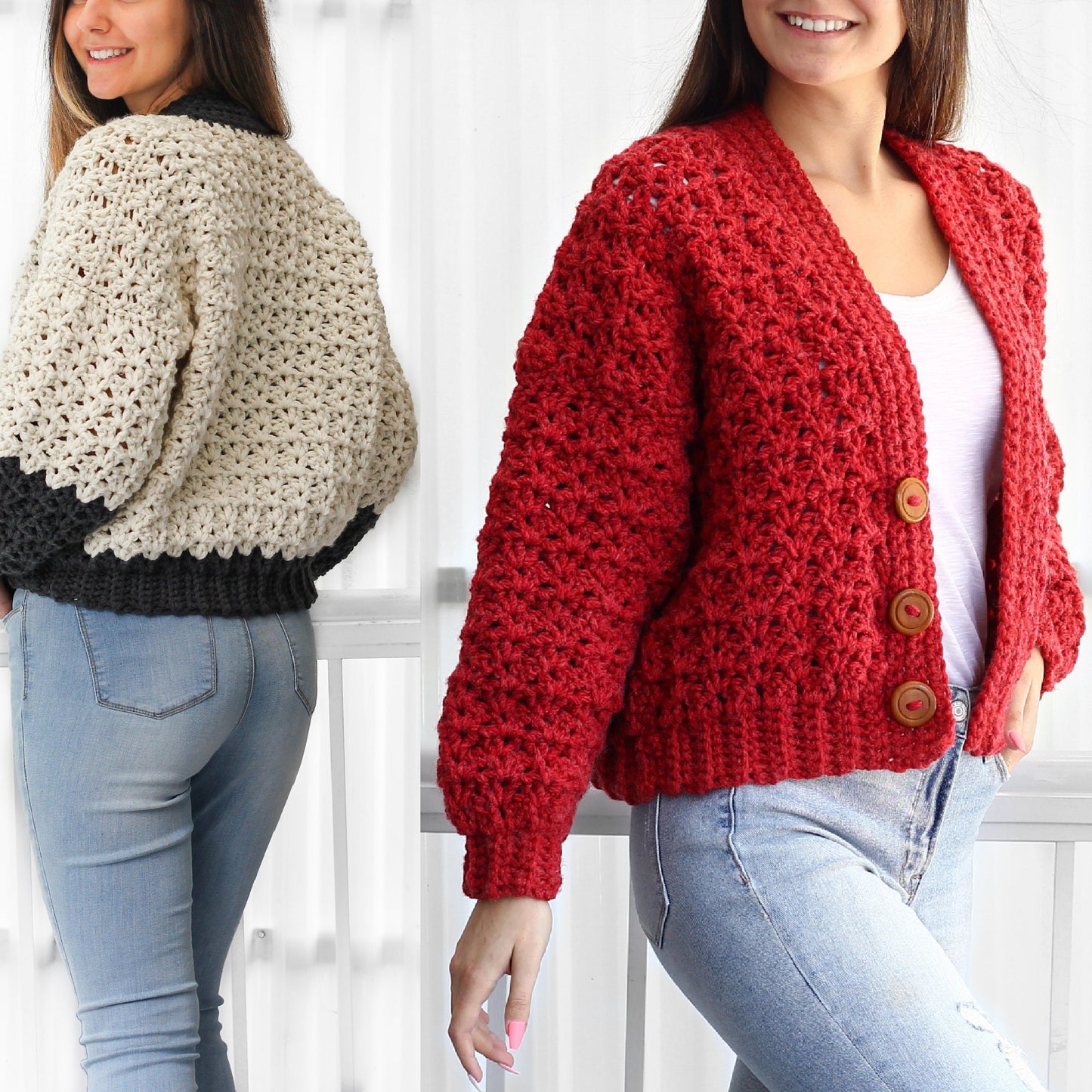 May include: Two crocheted cardigans, one in beige and one in red, with a button closure. Both cardigans are worn over a white t-shirt and blue jeans.