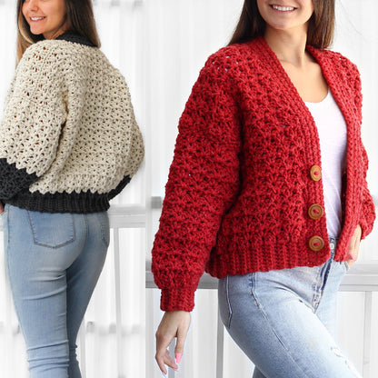 May include: Two crocheted cardigans, one in beige and one in red, with a button closure. Both cardigans are worn over a white t-shirt and blue jeans.