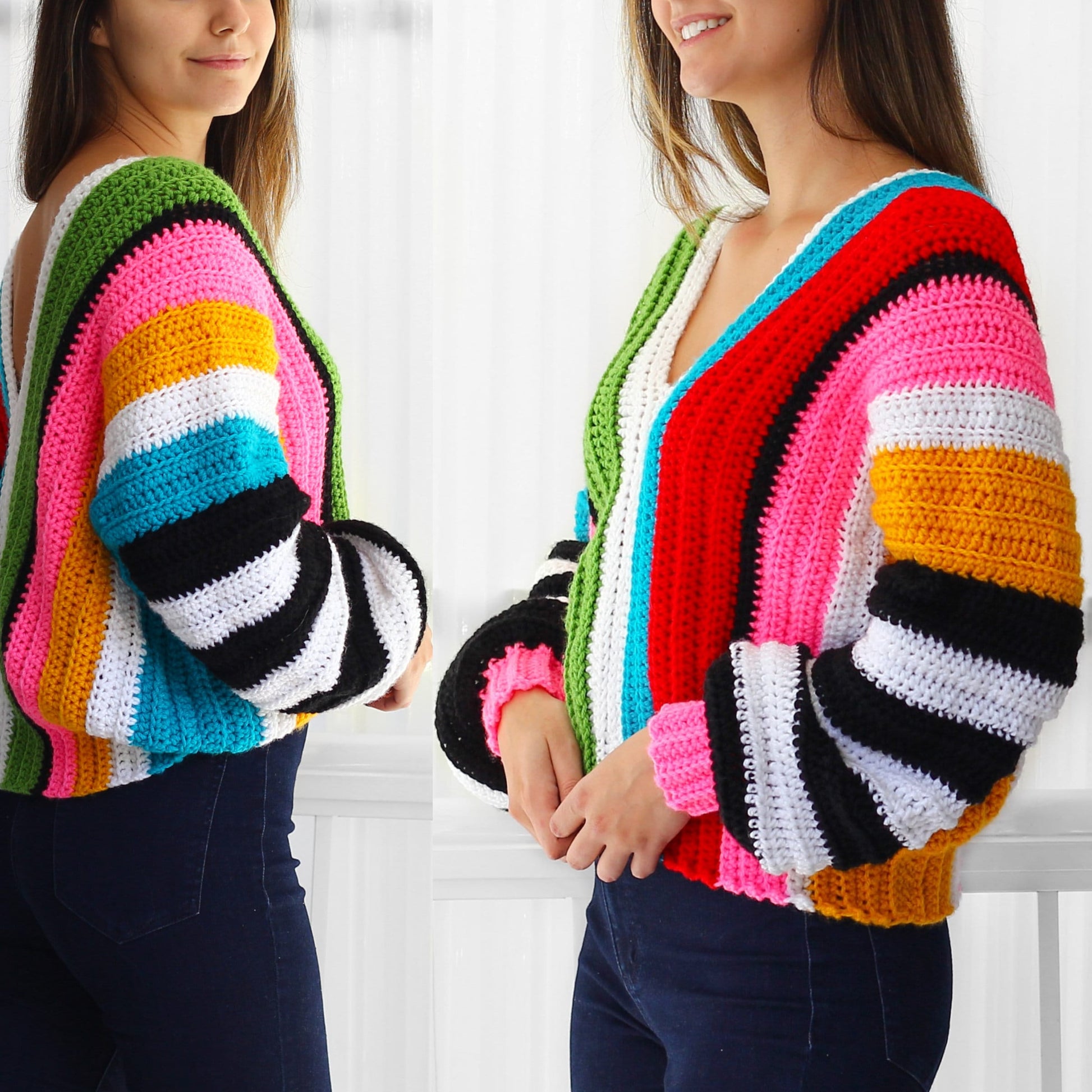 May include: A colorful striped crochet sweater with a V-neck and long sleeves. The sweater is made with a variety of bright colors, including red, yellow, blue, green, and pink.