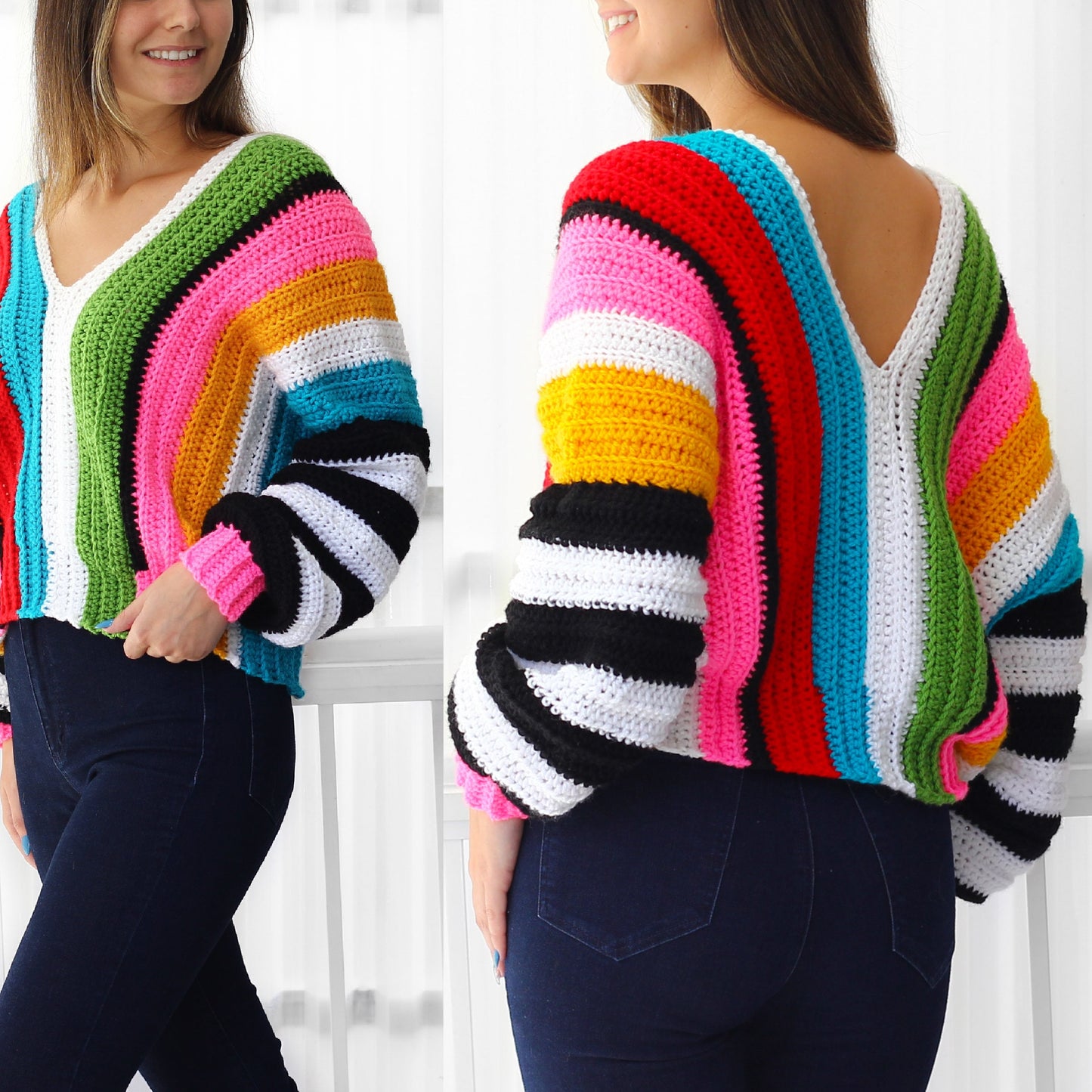 May include: A colorful striped crochet top with a V-neck and long sleeves. The sleeves have black and white stripes, while the body of the top has stripes of red, pink, yellow, green, blue, and white.