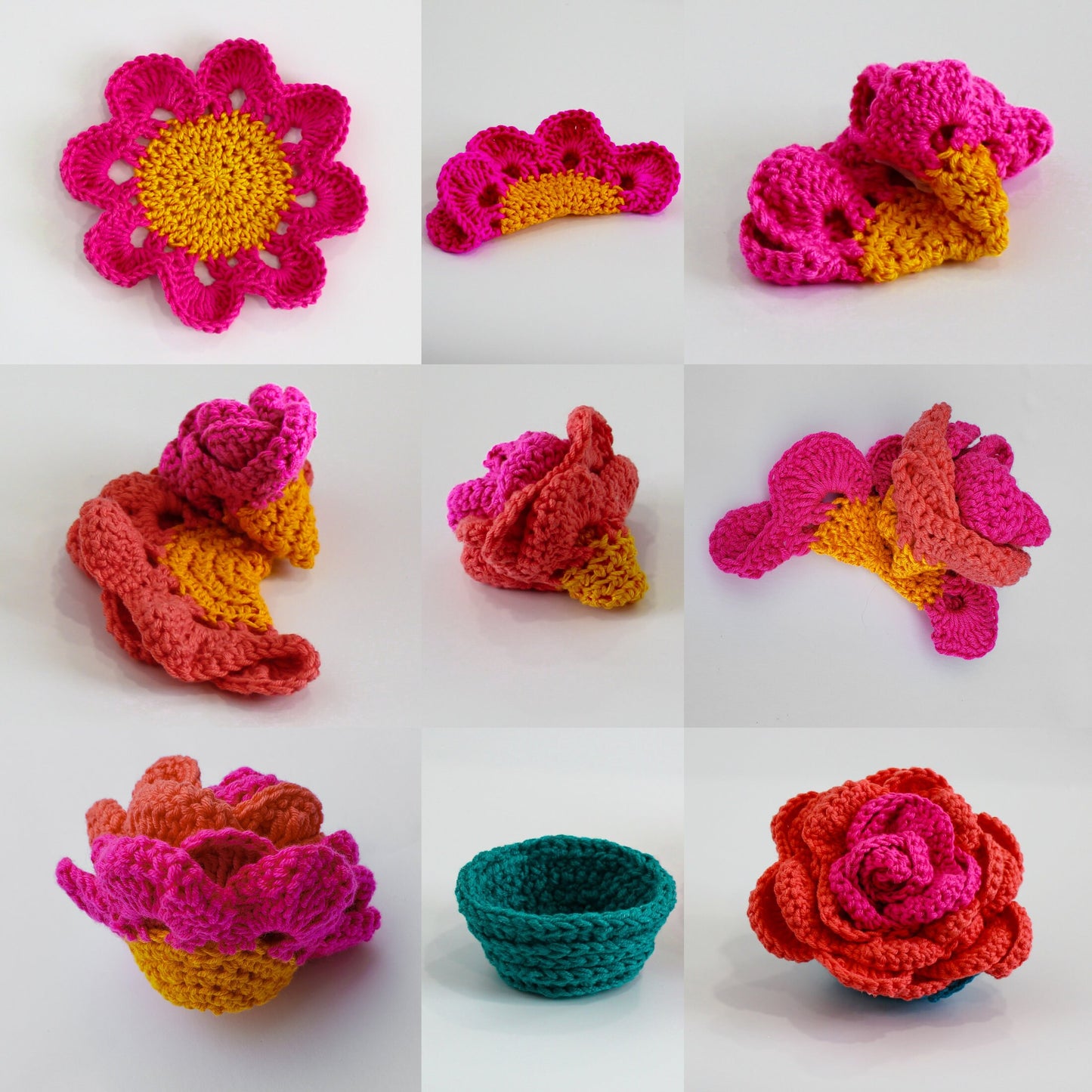 May include: A set of ten crocheted flower-shaped coasters in pink and yellow. The coasters are made with a variety of stitches and textures, creating a unique and eye-catching design.