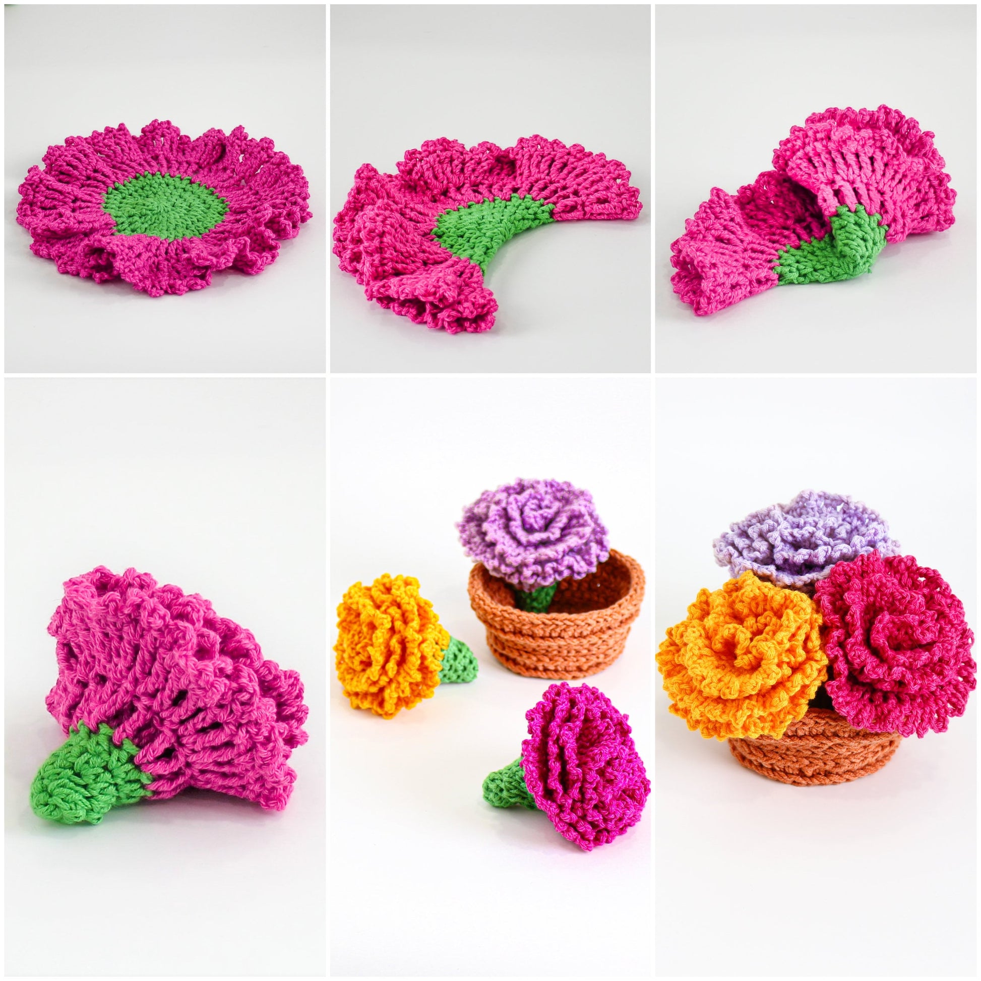 May include: A set of crocheted carnation flowers in pink, purple, and orange. The flowers are arranged in a small brown crocheted basket. The flowers are a great addition to any home decor.