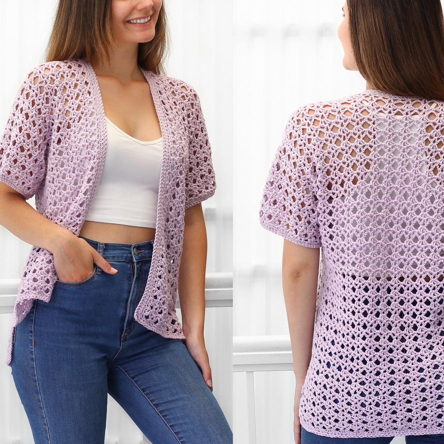 May include: A light purple crochet cardigan with a lacy open stitch pattern. The cardigan has short sleeves and a relaxed fit.