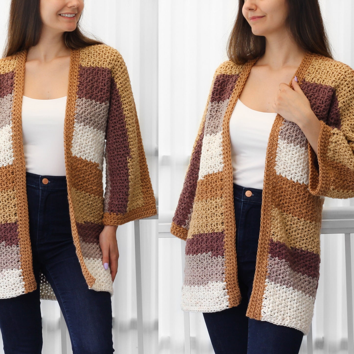 May include: A handmade, open-front crochet cardigan in a patchwork design. The color palette includes shades of tan, cream, and mauve. The cardigan has long, flared sleeves and a relaxed fit, perfect for layering. The garment is made of a textured yarn.