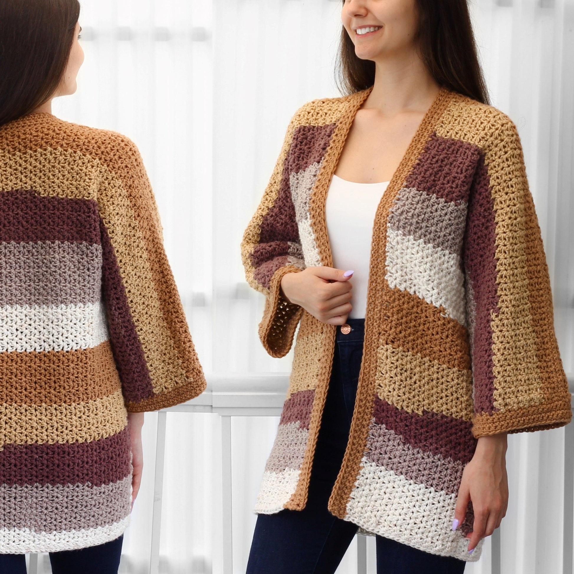 May include: A handmade, open-front crochet cardigan in a color block design. The cardigan features horizontal stripes in shades of tan, brown, white, and mauve. The sleeves are three-quarter length. The garment is shown on a person.