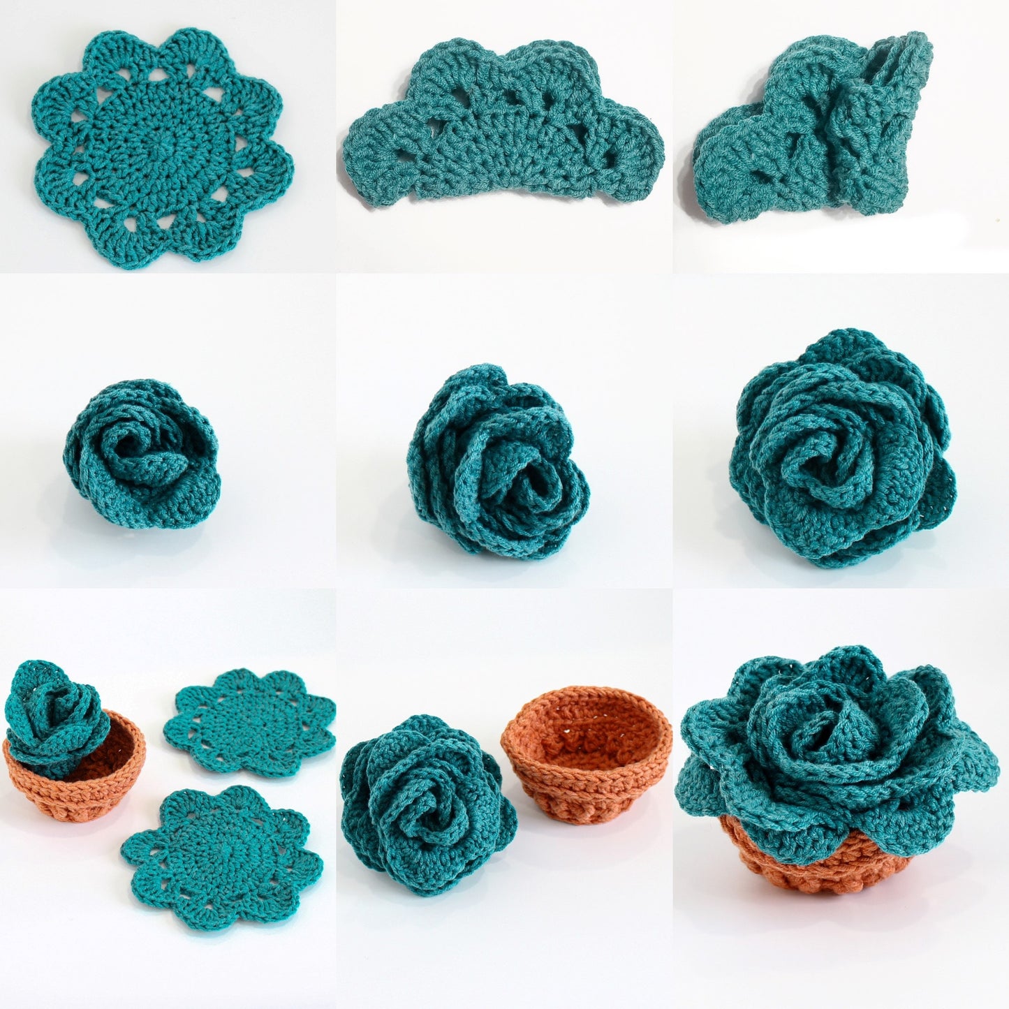 May include: A step-by-step guide to crocheting a teal succulent in a brown pot. The image shows the process of crocheting the flower, leaves, and pot.